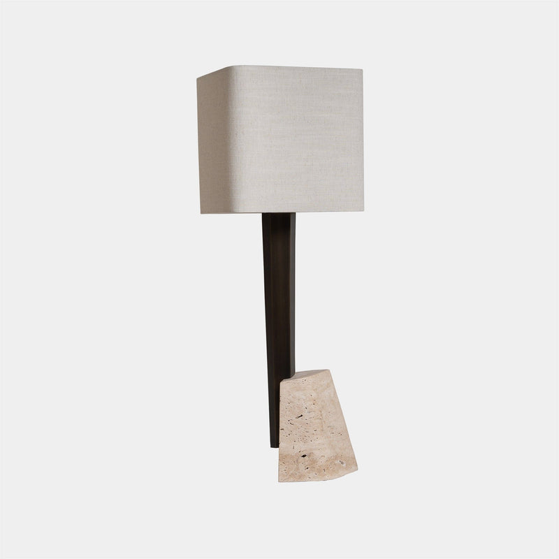 CTO Lighting Table Lamp White Linen / Antique Bronze + Travertine / 5 AMP Plug Roc Table Lamp